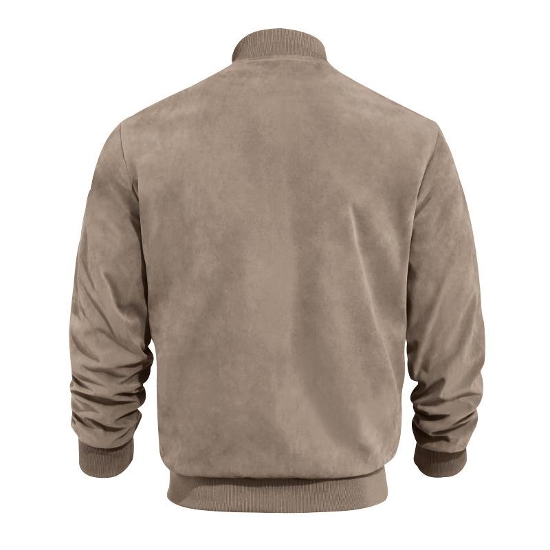 Trendy men's fall jacket: lightweight suede-look outerwear with a sophisticated stand collar.