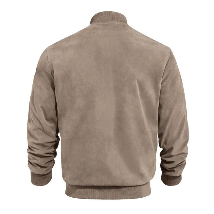 Trendy men's fall jacket: lightweight suede-look outerwear with a sophisticated stand collar.