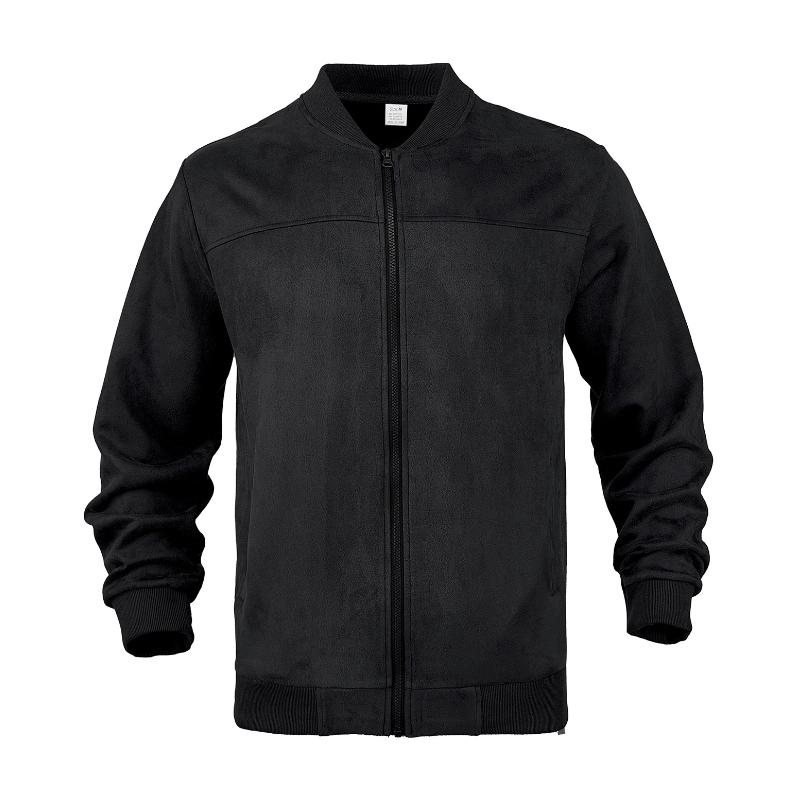 Close-up of men's suede-look jacket texture & stand collar detail, highlighting quality.