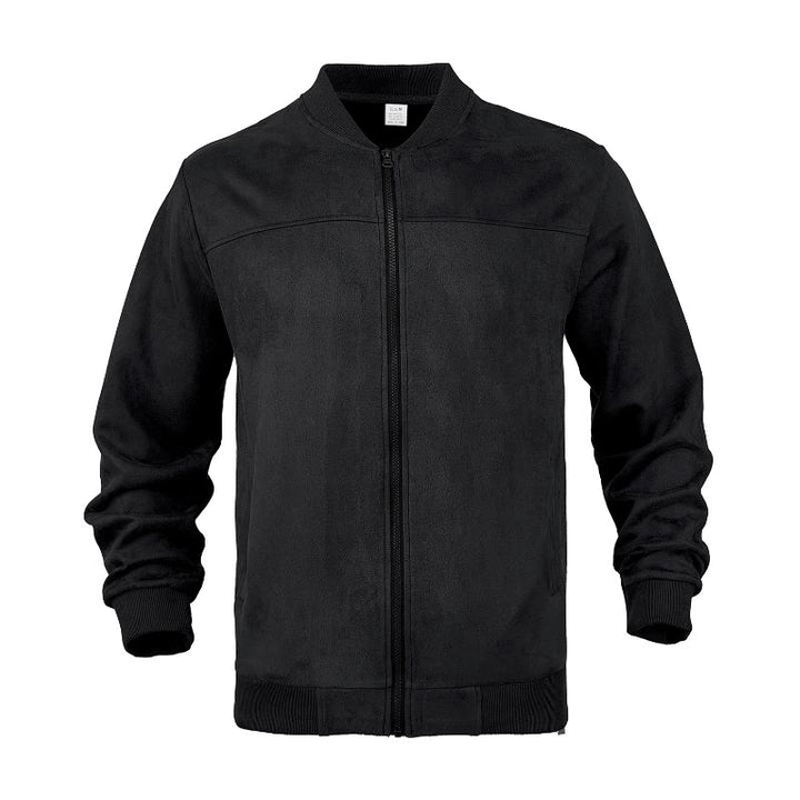 Close-up of men's suede-look jacket texture & stand collar detail, highlighting quality.