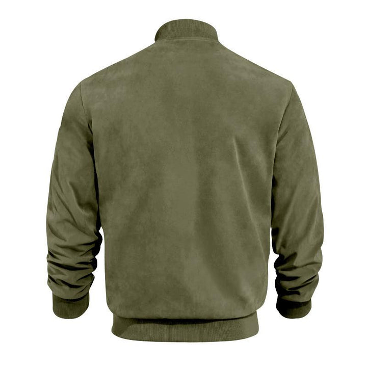 Back view of men's lightweight suede-look transitional jacket, casual and comfortable.