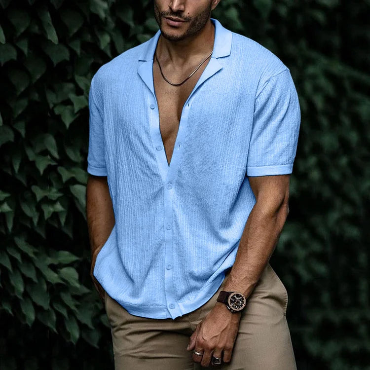 Men's stylish textured Cuban collar short sleeve summer shirt. Perfect for warm weather & casual style.