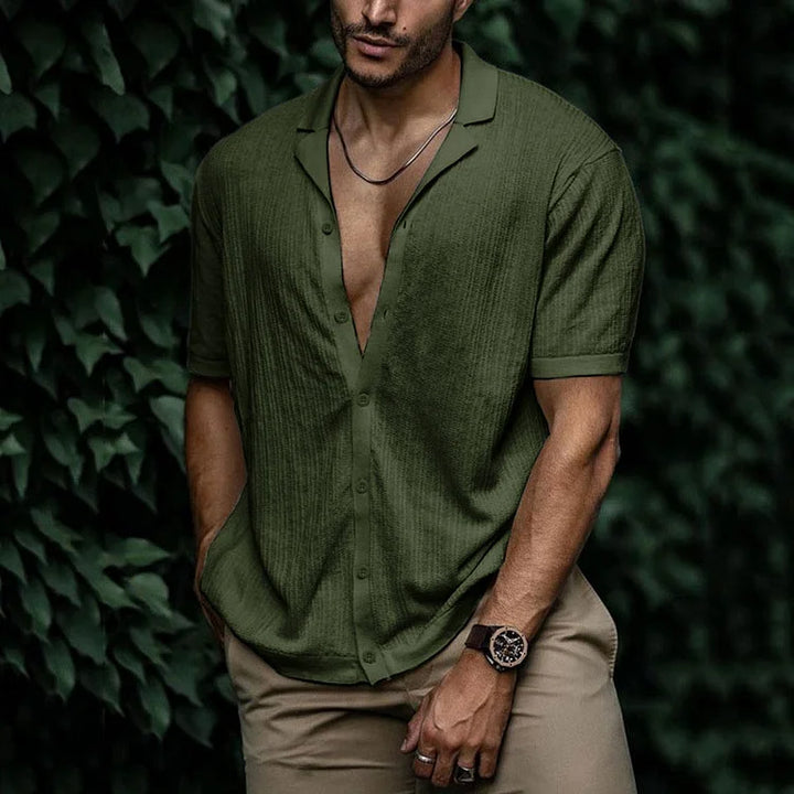 Modern men's casual textured short sleeve Cuban collar shirt. Great for various summer outfits.