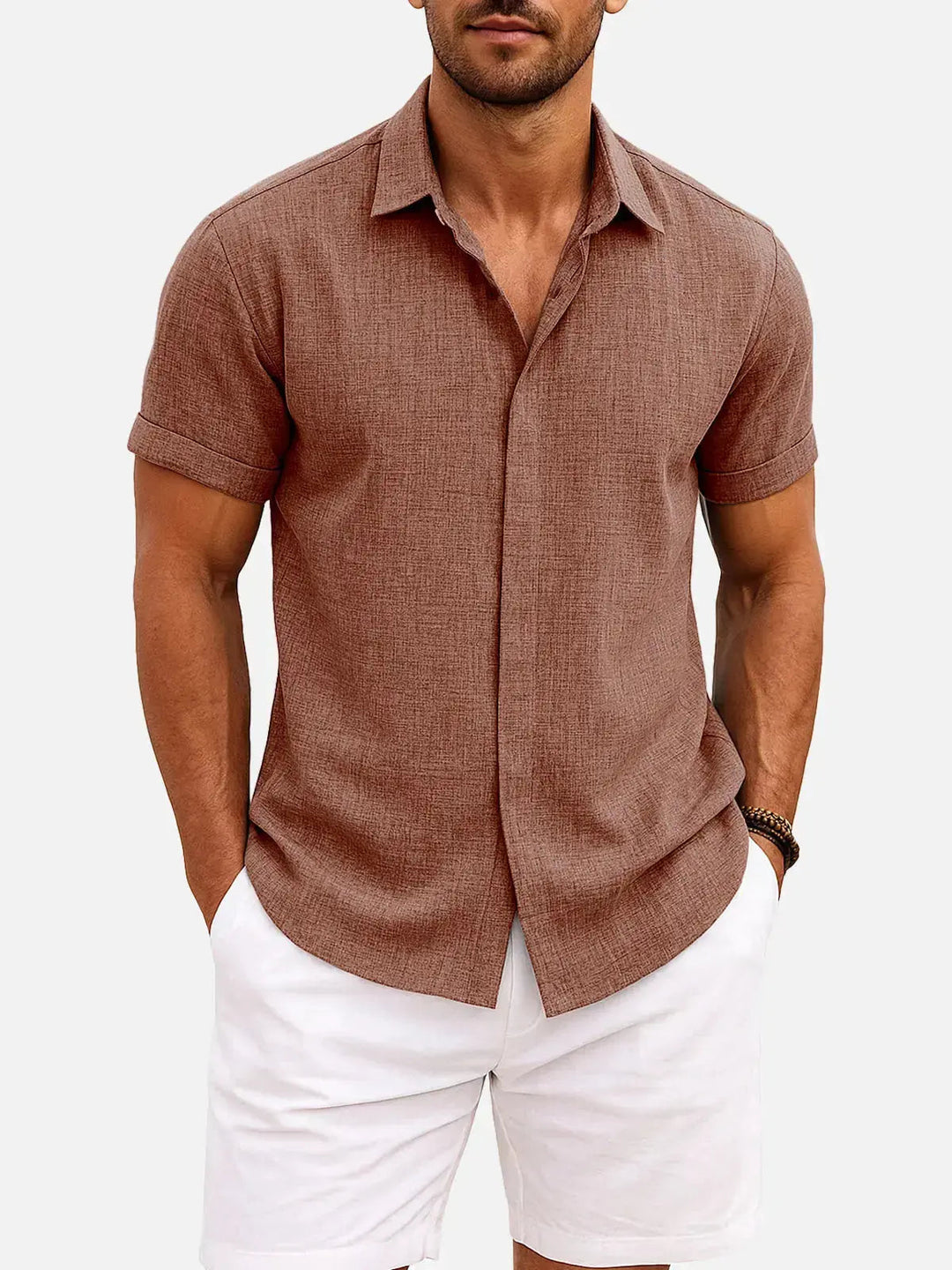Casual men's collared shirt, short sleeve, textured fabric, button down for effortless style.