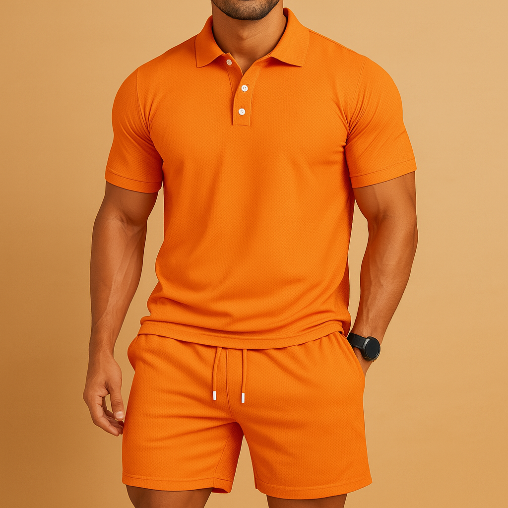 Men's stylish two-piece polo and shorts summer set for casual wear. Comfortable & breathable.