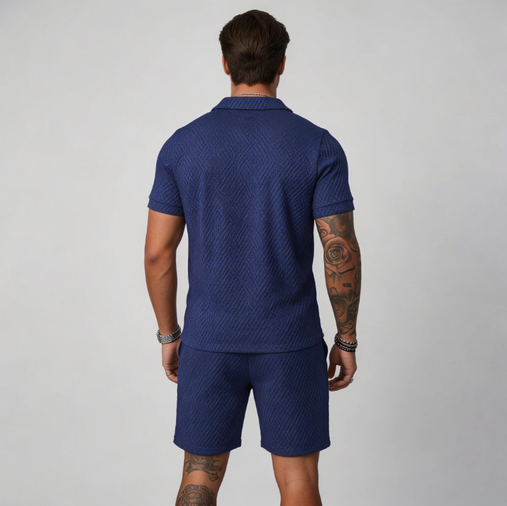 Men's casual two-piece summer outfit, perfect for vacation, beachwear, or relaxing warm weather activities.