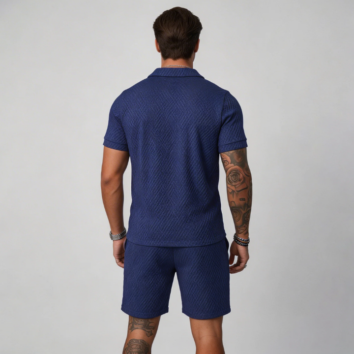 Men's casual two-piece summer outfit, perfect for vacation, beachwear, or relaxing warm weather activities.
