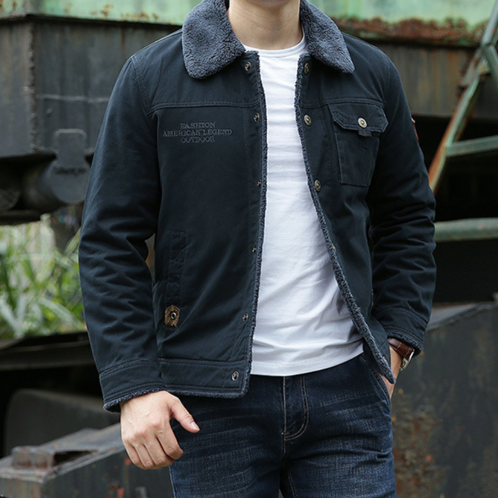 Warm men's fall & winter jacket, featuring a plush faux fur collar and practical button closure. Ideal for cold weather.