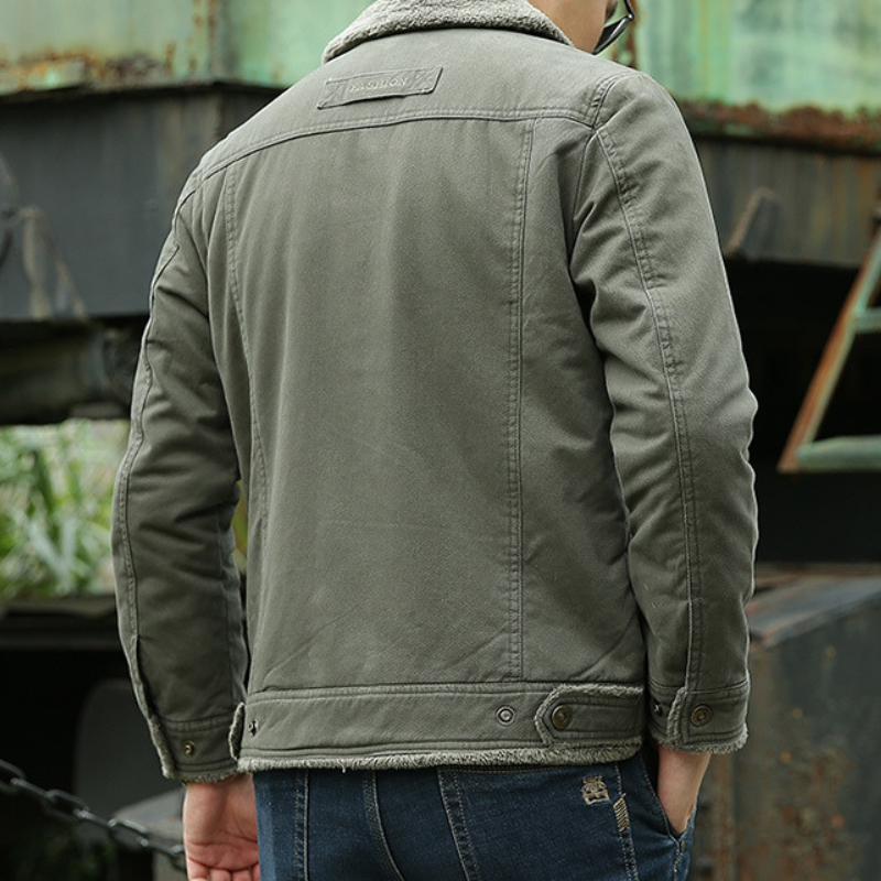Fashionable men's outerwear jacket, versatile for fall & winter. Features a soft, warm faux fur collar and rugged style.