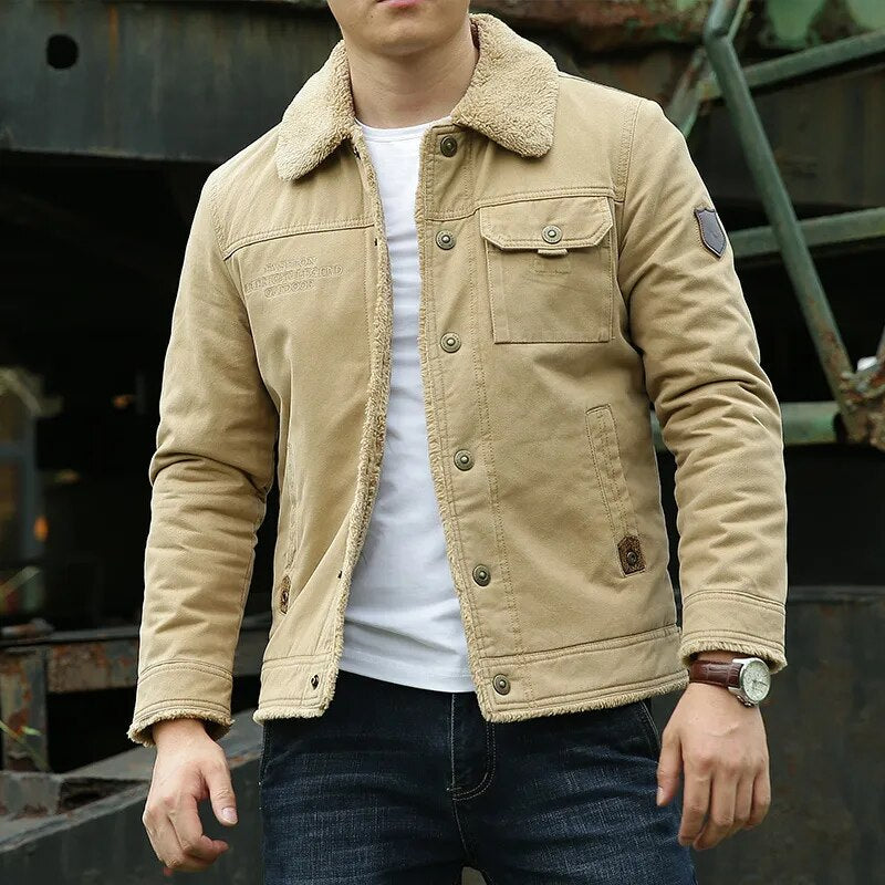 Full view of a men's stylish jacket with a warm faux fur collar, perfect for fall and winter fashion. Button closure detail.