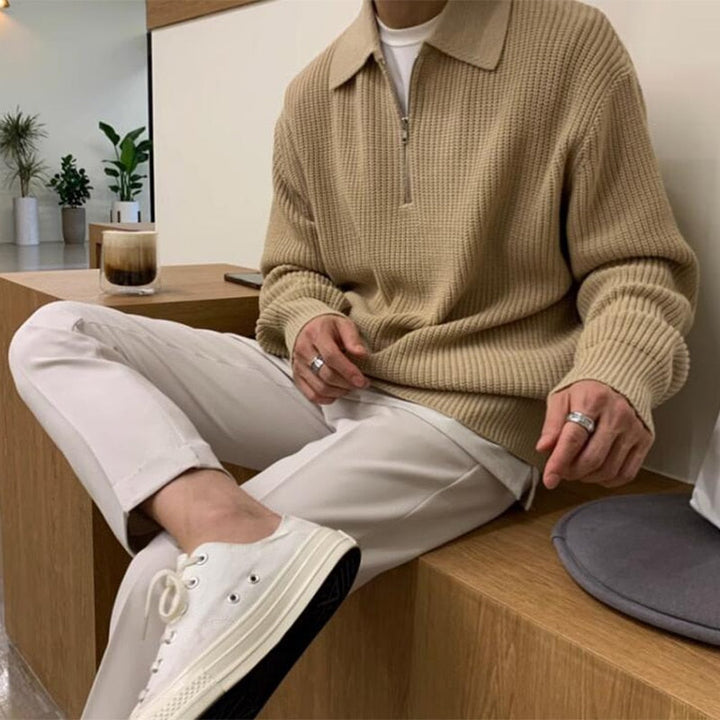 Modern men's zip collar sweatshirt, a fashionable long sleeve top for year-round comfort.