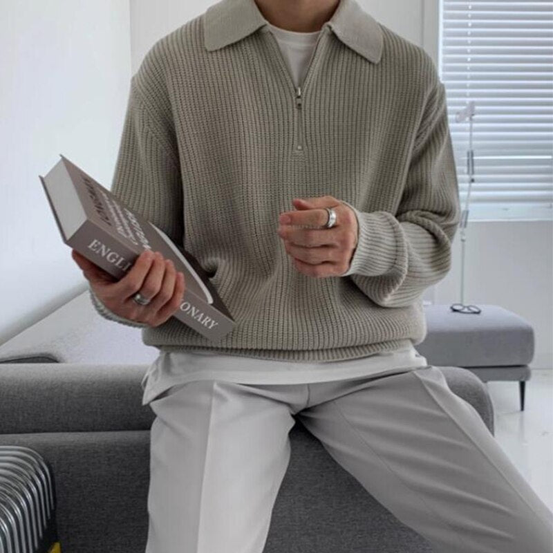 Fashionable men's zip collar sweatshirt, a warm & stylish top for fall & winter outfits.
