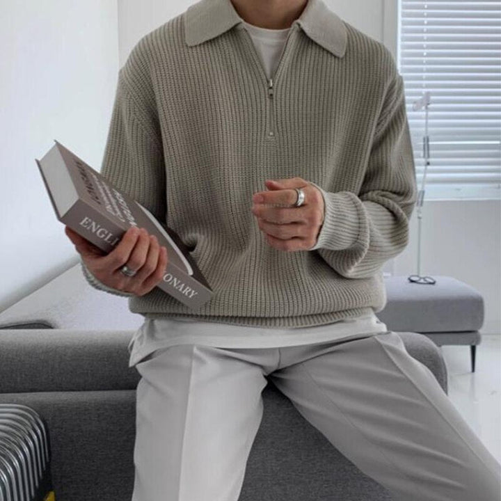 Fashionable men's zip collar sweatshirt, a warm & stylish top for fall & winter outfits.