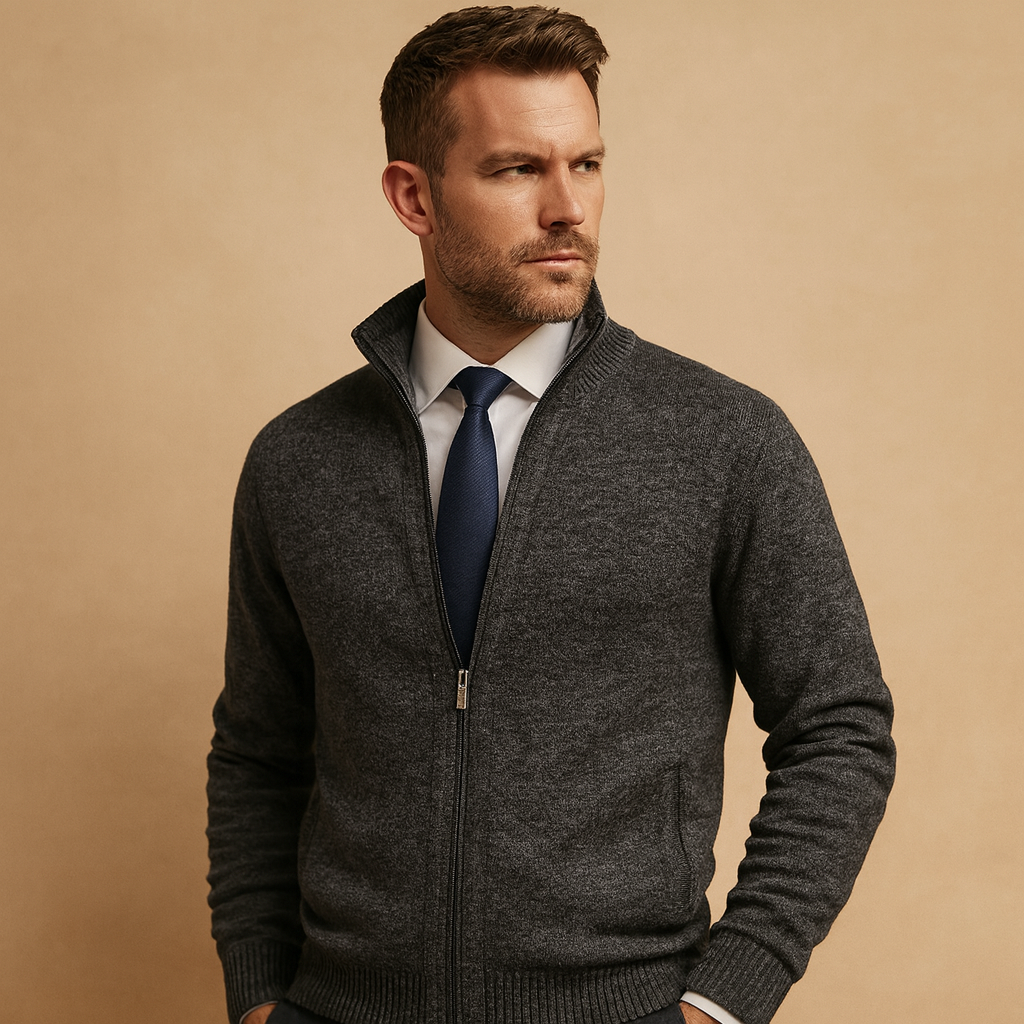Comfortable men's knitwear zipped cardigan, ideal for versatile everyday style & warmth in cooler seasons.