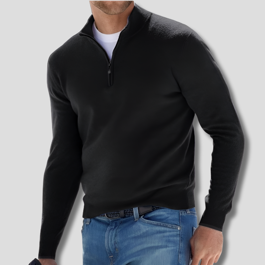 Classic fit men's long sleeve pullover, featuring a trendy zipper collar, perfect for casual style.