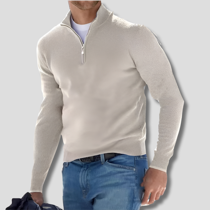 Stylish men's pullover featuring a zipper collar, comfortable & versatile for modern everyday wear.