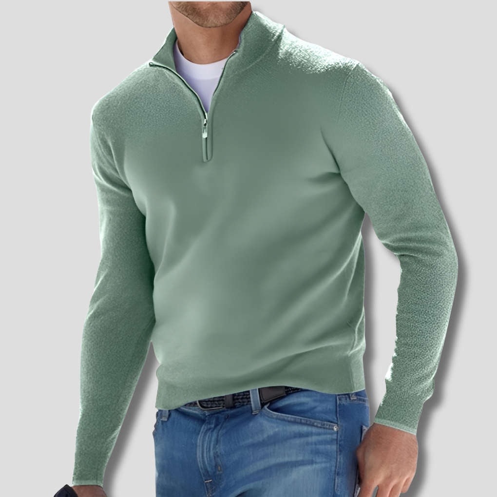 Modern men's long sleeve pullover with a stylish zipper collar, perfect for casual comfort.