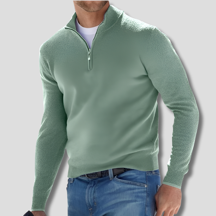 Modern men's long sleeve pullover with a stylish zipper collar, perfect for casual comfort.