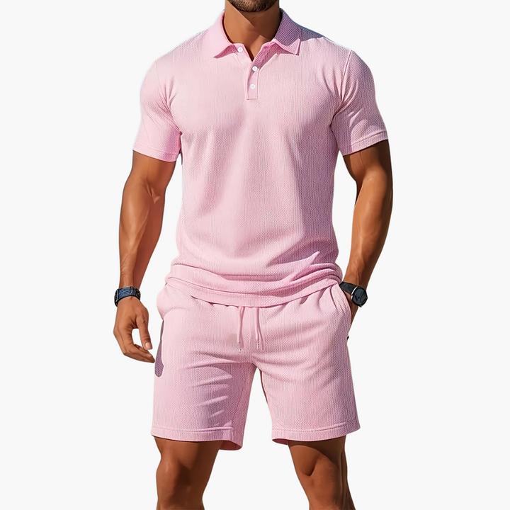 Men's 2-piece summer set: short sleeve polo shirt & drawstring shorts. Casual warm weather outfit.