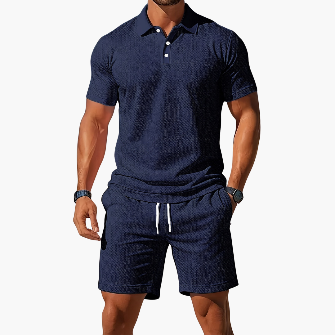 Comfortable men's short sleeve polo & drawstring shorts set. Relaxed summer loungewear outfit.