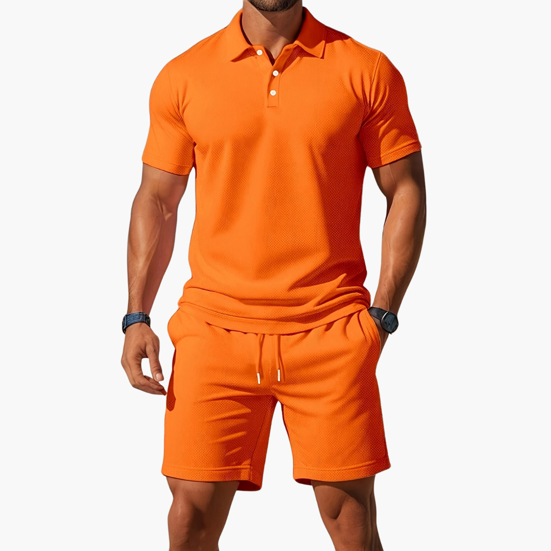 Stylish men's casual polo shirt and drawstring shorts 2-piece set. Perfect for summer relaxation.