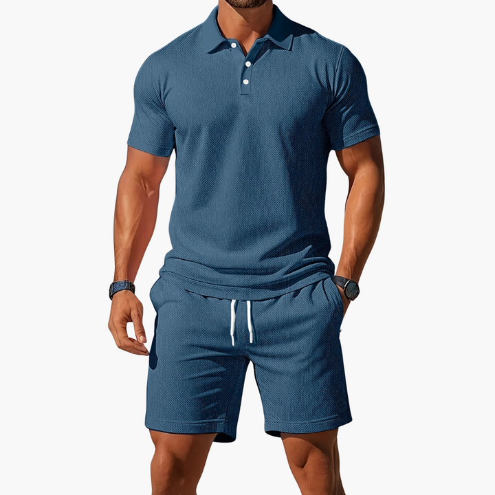 Men's short sleeve polo shirt & matching drawstring shorts. Comfortable summer lounge set menswear.