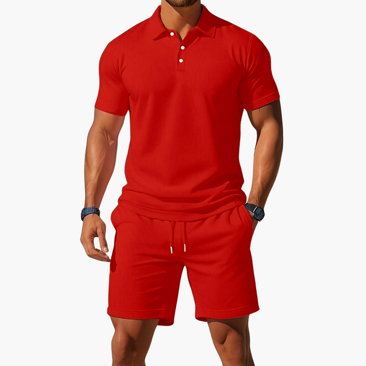 Casual men's summer lounge set with short sleeve polo & drawstring shorts. Ideal for warm weather.