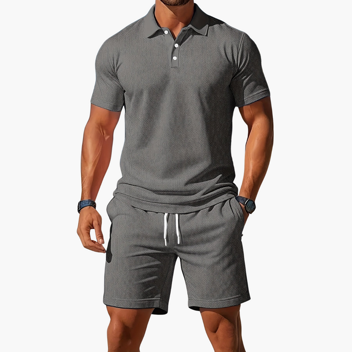 Men's comfortable summer polo & drawstring shorts set. Relaxed 2-piece casual loungewear.