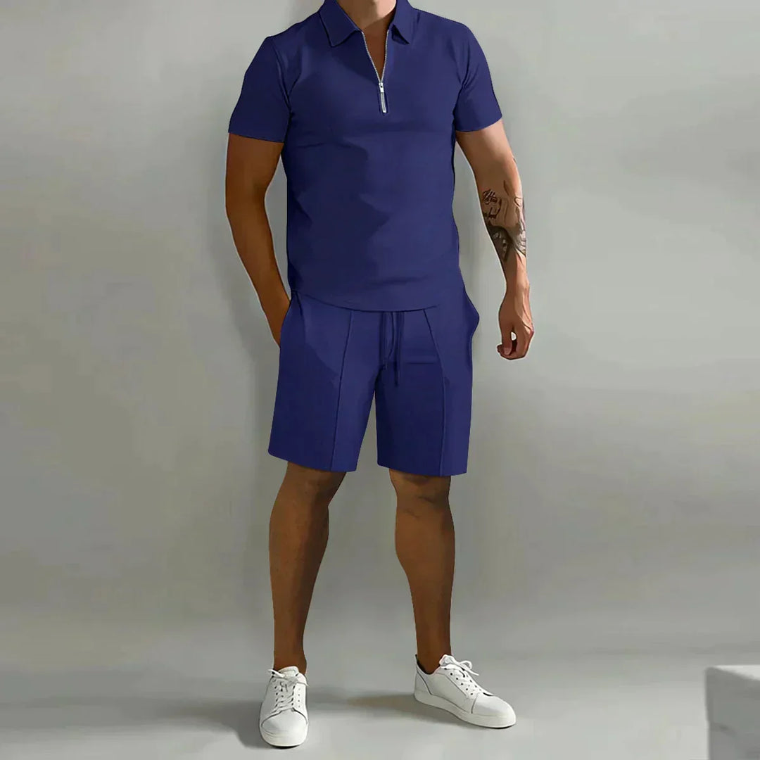 Men's short sleeve zip polo shirt with ribbed texture & matching drawstring shorts. Ideal summer set.
