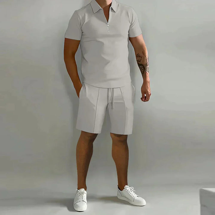 Lightweight men's summer set: comfortable zip polo shirt & drawstring shorts. Great for warm weather style.