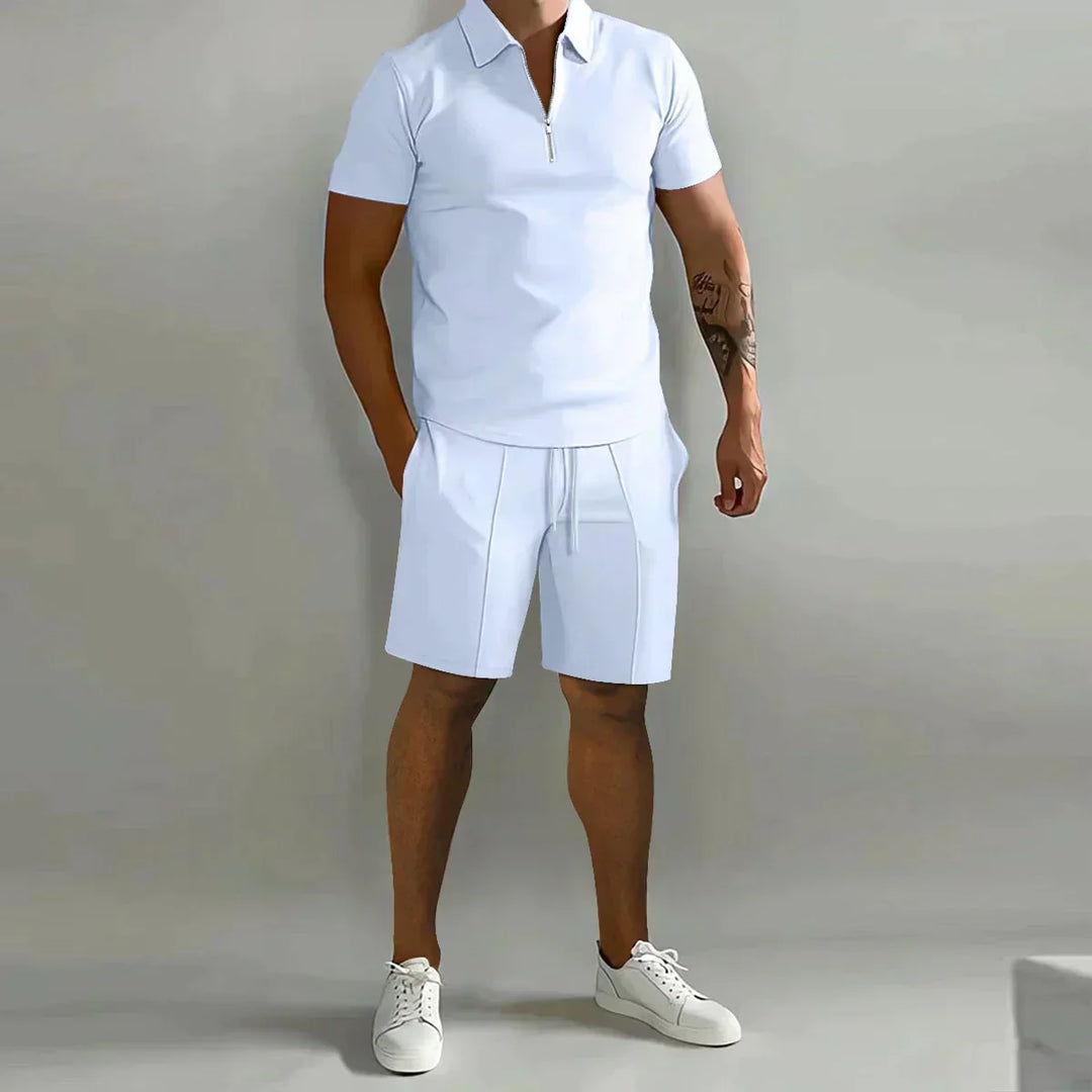 Relaxed men's loungewear set: short sleeve zip polo & drawstring shorts. Ideal for casual summer days.