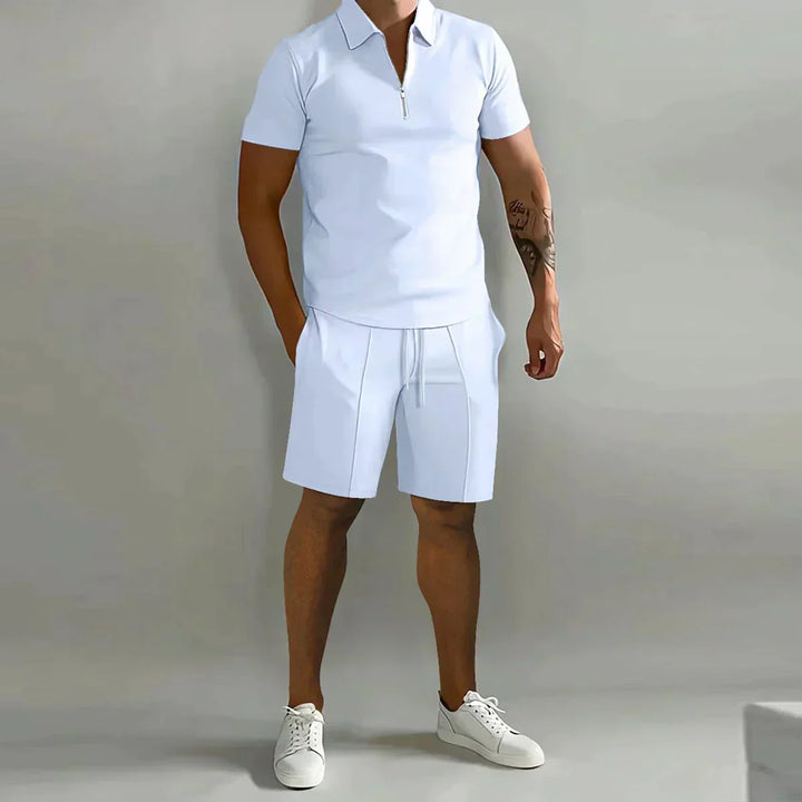 Relaxed men's loungewear set: short sleeve zip polo & drawstring shorts. Ideal for casual summer days.