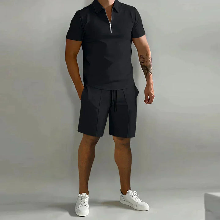 Men's two-piece ribbed summer set: zip polo top & comfy drawstring shorts. Modern casual wear.
