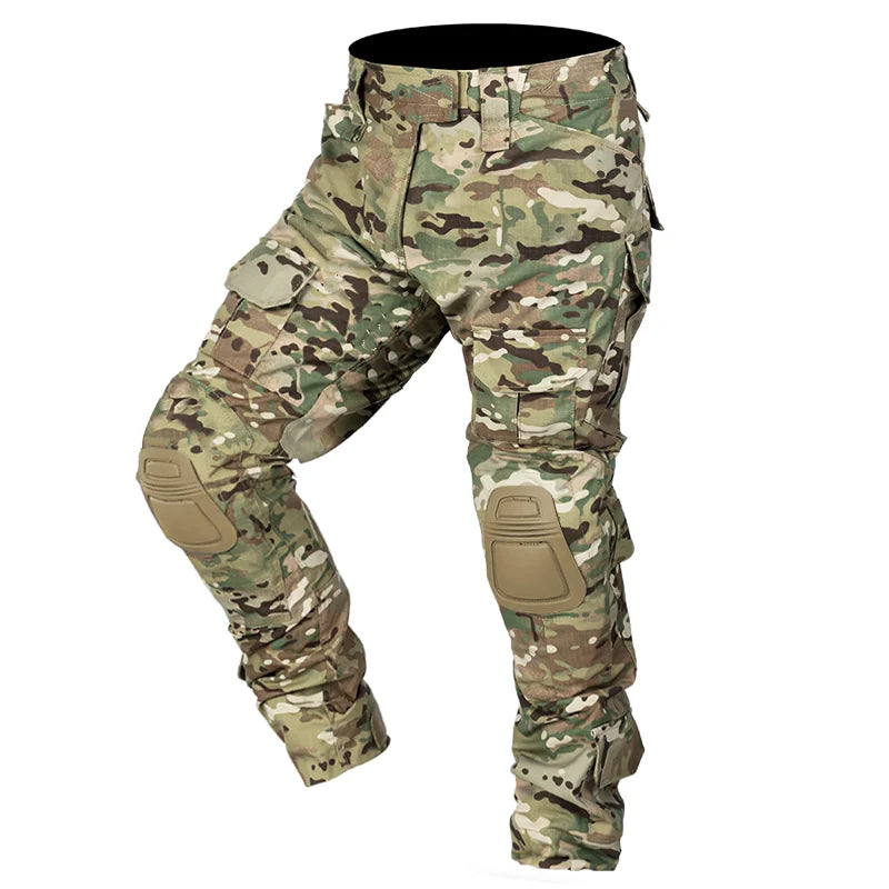 Men's hiking cargo trousers featuring built-in knee protection and multiple utility pockets.