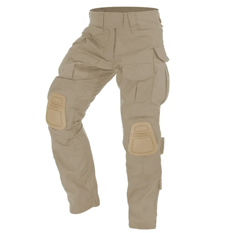Multi-functional men's tactical cargo pants with integrated knee protection for demanding environments.