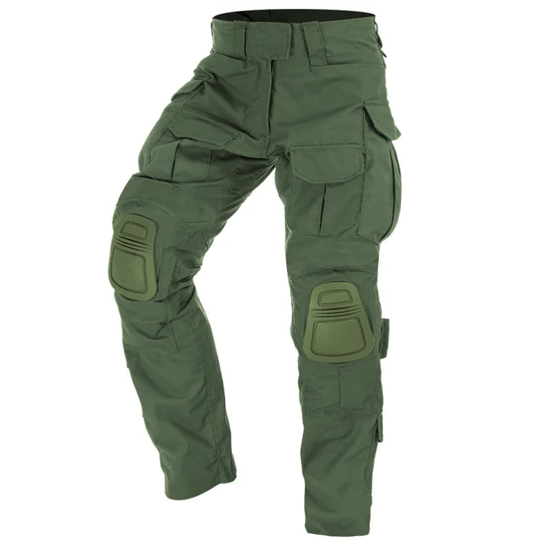Camouflage men's tactical cargo trousers with built-in knee pads for robust outdoor activities.