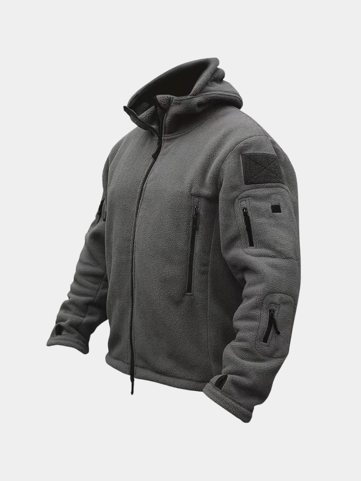 Men's tactical hooded jacket for outdoor adventures, featuring rugged style and versatile design.