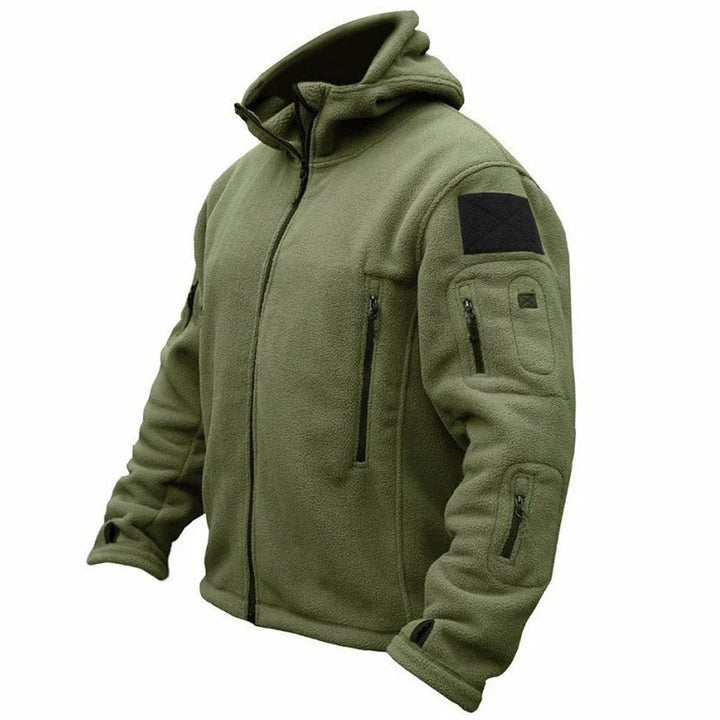 Men's hooded tactical jacket in action, perfect for hiking, camping, and outdoor adventure. Rugged & versatile.
