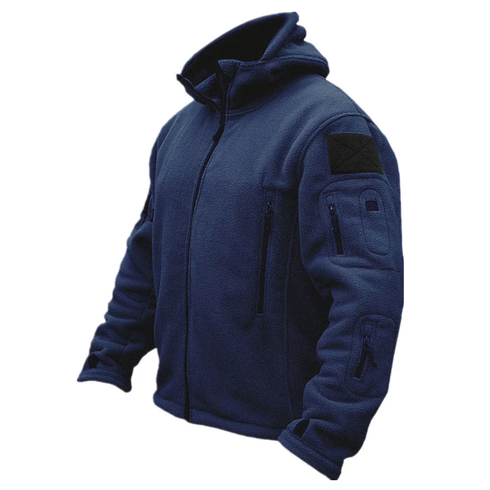 Rugged men's tactical hooded jacket with durable fabric, full zip, and multiple pockets. Ready for any challenge.