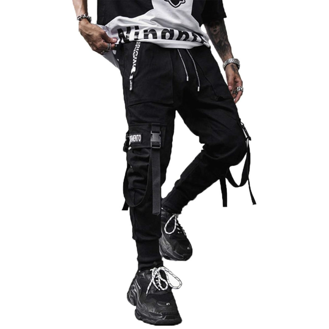 Black Men's Tactical Techwear Joggers, multi-pocket cargo pants for modern urban streetwear style.