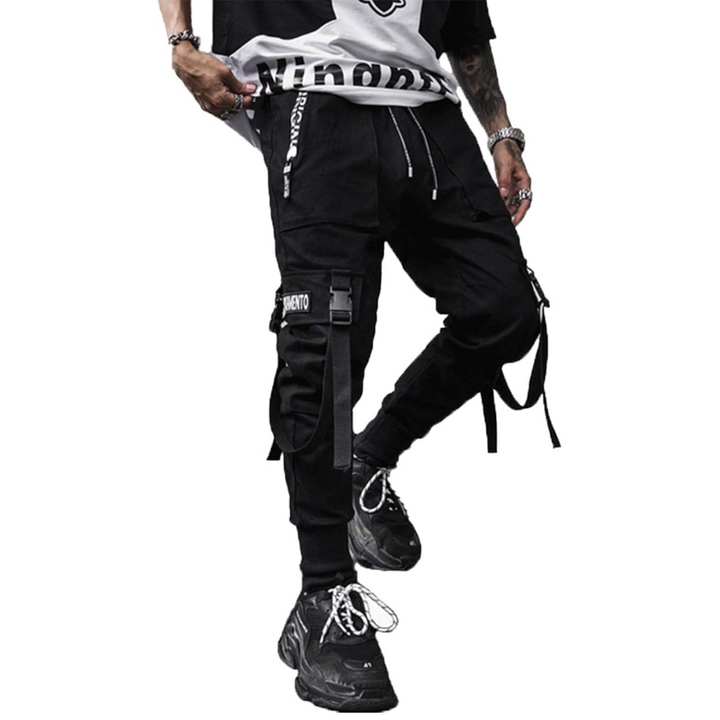 Black Men's Tactical Techwear Joggers, multi-pocket cargo pants for modern urban streetwear style.