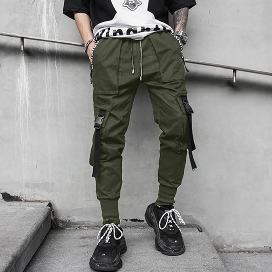Blue Men's Techwear Joggers, urban streetwear pants with tactical multi-pocket design for a stylish look.