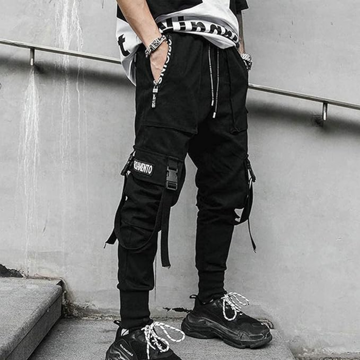 Functional Men's Tactical Techwear Joggers, multi-pocket cargo pants ideal for urban adventures & style.