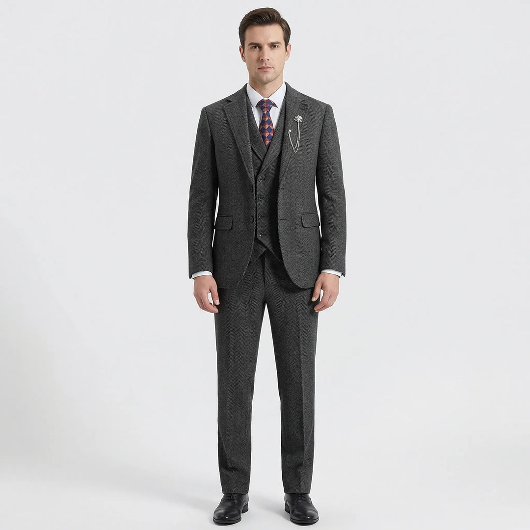 Classic men's tailored fit herringbone suit jacket. Perfect formal wear, featuring sharp lapels and quality fabric.