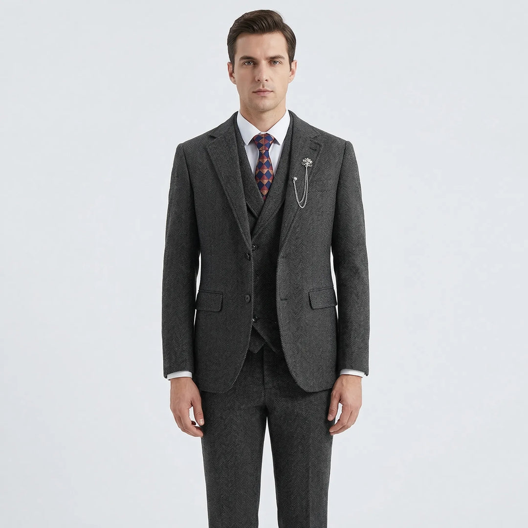 Tailored fit men's herringbone suit trousers. Essential part of the 3-piece set for classic, formal, and business attire.