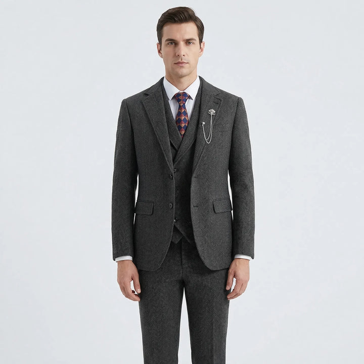 Tailored fit men's herringbone suit trousers. Essential part of the 3-piece set for classic, formal, and business attire.