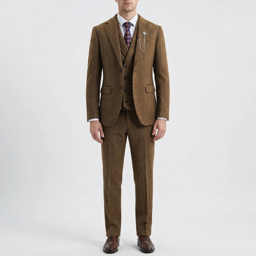 Professional men's tailored fit herringbone business suit. Perfect 3-piece ensemble for office or formal meetings.