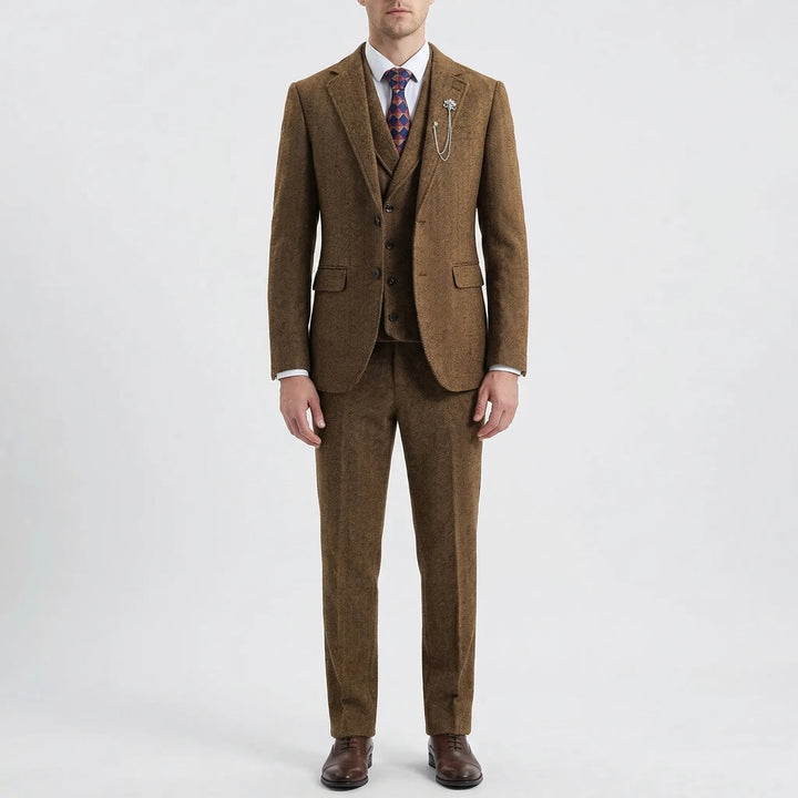Professional men's tailored fit herringbone business suit. Perfect 3-piece ensemble for office or formal meetings.