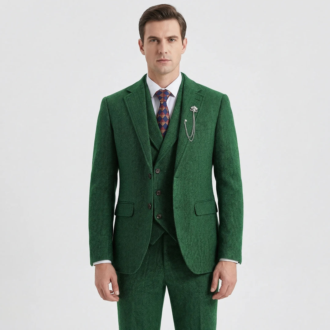 Complete men's Leonard 3-piece herringbone suit set: jacket, vest, and trousers. Tailored formal & occasion wear.