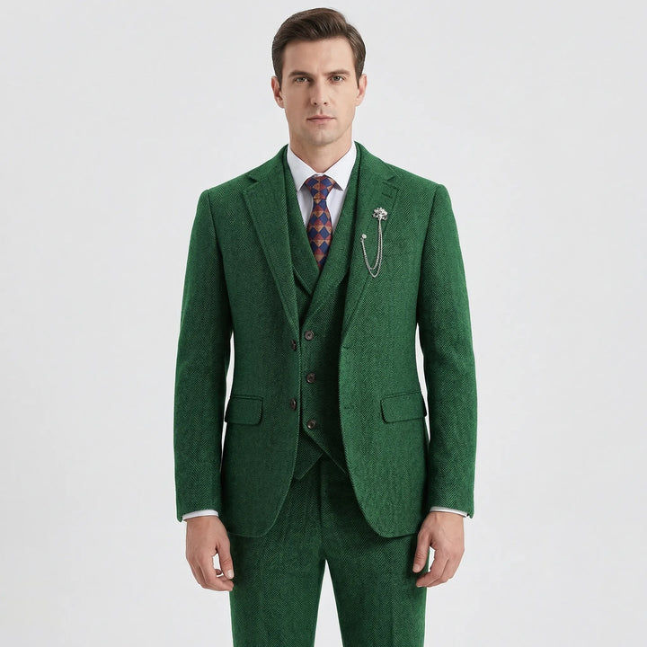 Complete men's Leonard 3-piece herringbone suit set: jacket, vest, and trousers. Tailored formal & occasion wear.